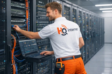 HQinternet engineer werkt in het Nederlandse datacenter aan serverapparatuur